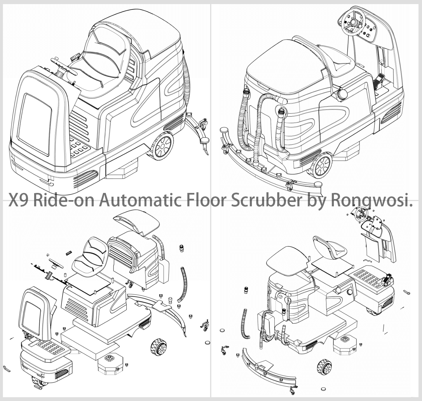 The structure of X9 Ride-on Automatic Floor Scrubber.